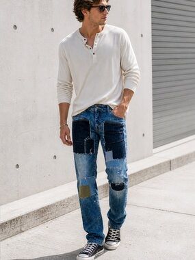 Parasuco Mens Low Rise Relaxed Fit Patchwork Jeans Size 32 Blue Denim WLB-016